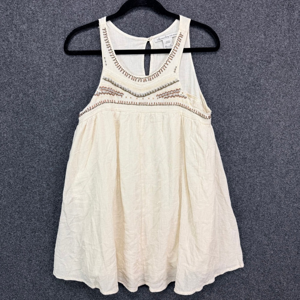 American Rag Beaded Gauze Boho Cotton Peasant Babydoll Tank Top L Ivory Festival